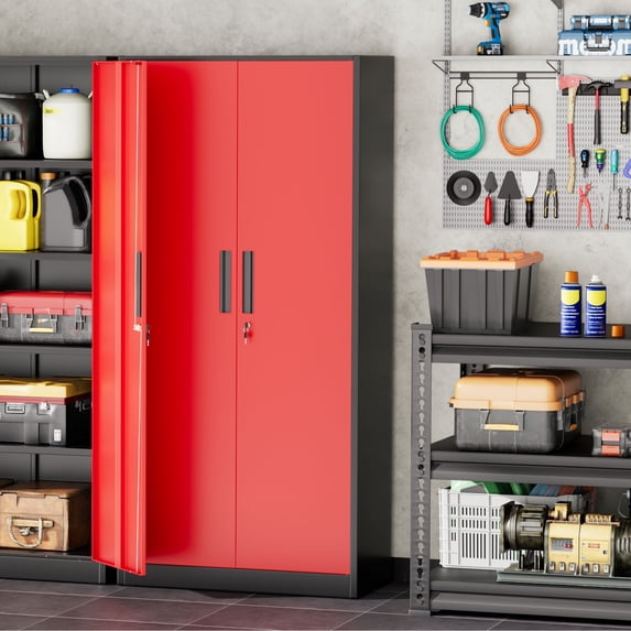 SOLAURA Metal Storage Office Cabinets with Locking Doors and Adjustable Shelves, 71 inch Tall Steel Storage Cabinet for Office, Home (Black Red)