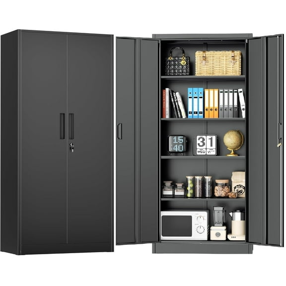 SOLAURA Metal Storage Office Cabinets with Locking Doors and Adjustable Shelves, 71 inch Tall Steel Storage Cabinet for Office, Home (Black)