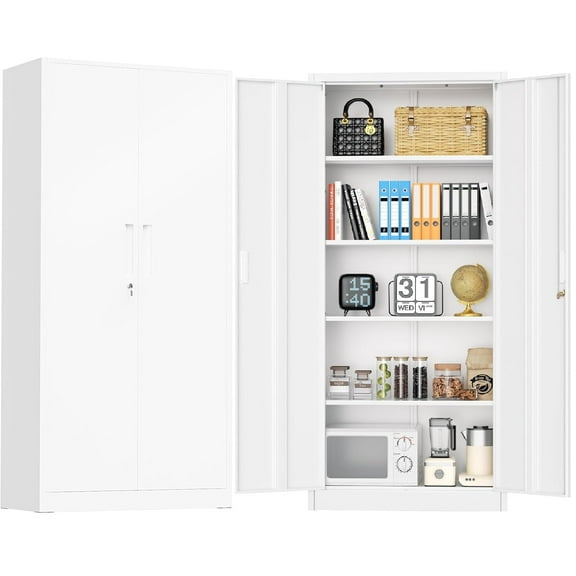 SOLAURA Metal Storage Office Cabinets with Locking Doors and Adjustable Shelves, 71 inch Tall Steel Storage Cabinet for Office, Home (White)
