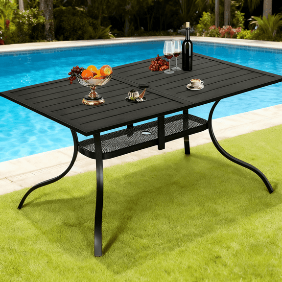 SOLAURA Outdoor Dining Table, 60" x 37"Outdoor Rectangular Metal Table with 1.57" Umbrella Hole, for Backyards, Porches, Gardens or Poolside, Black