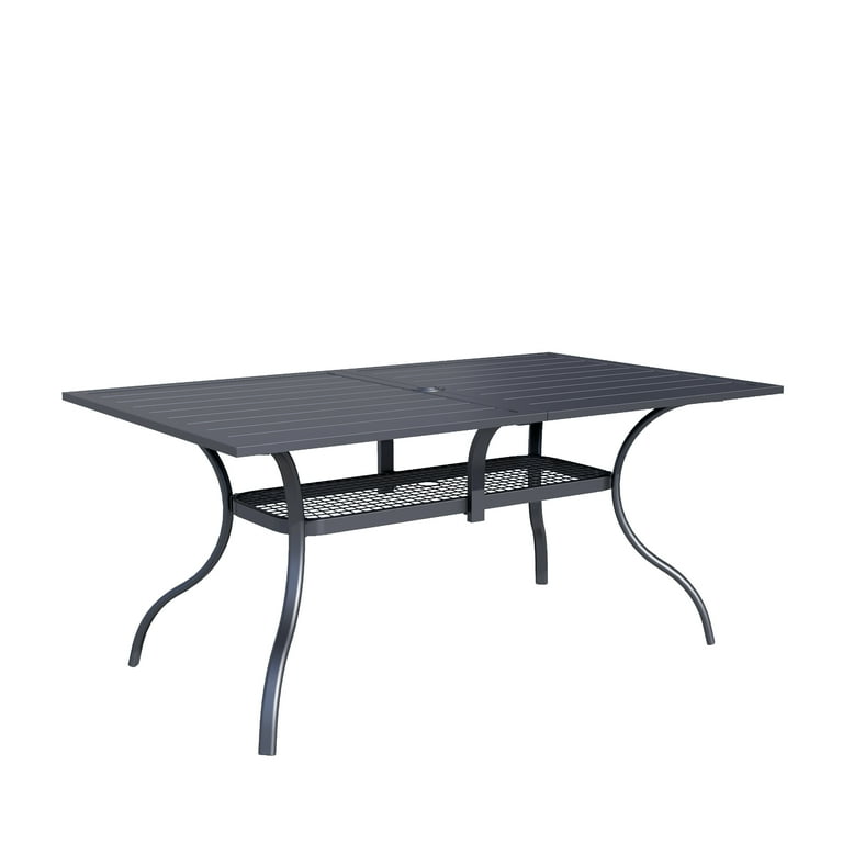 SOLAURA Outdoor Patio Dining Rectangle Metal Table for 6 Person with Umbrella Hole Black