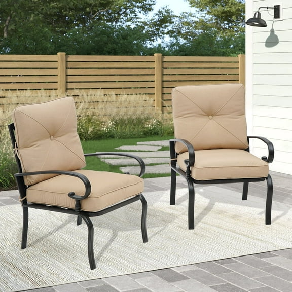 SOLAURA Outdoor Patio Metal Dining Chairs Set of 2 with Brown Cushions