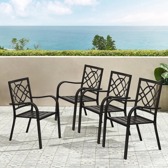 SOLAURA Outdoor Patio Chair Set of 4, Stackable Metal Outdoor Dining Chairs for Porch Garden Backyard Deck, Black