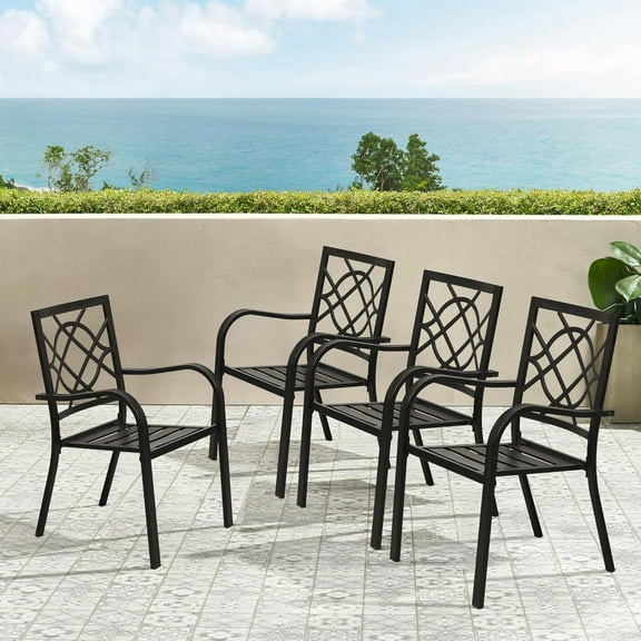 SOLAURA Outdoor Patio Chair Set of 4, Stackable Metal Outdoor Dining Chairs for Porch Garden Backyard Deck, Black