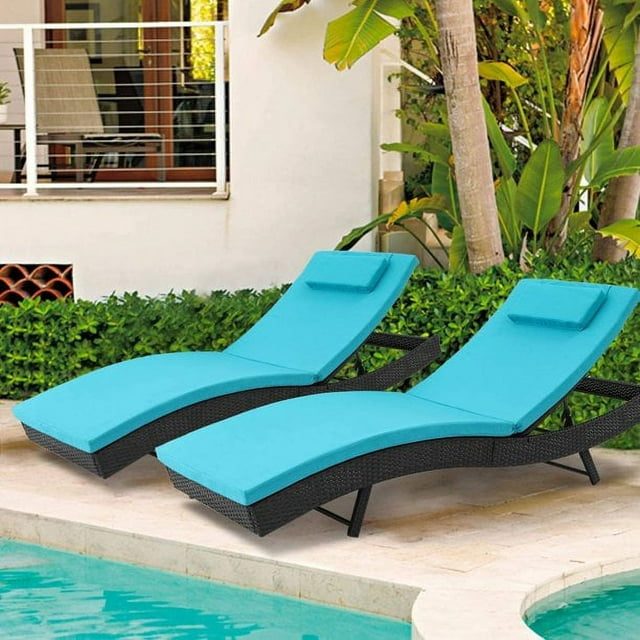 SOLAURA Patio Chaise Lounge Adjustable Black Wicker Reclining Chairs Set of 2 with Blue Cushions