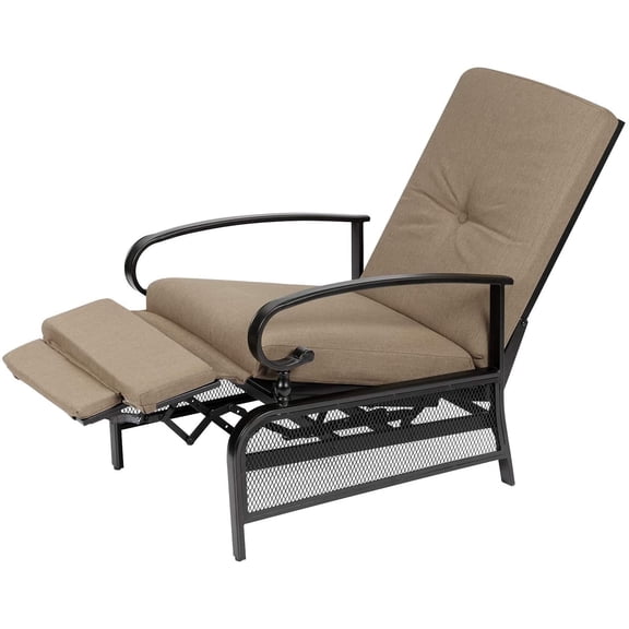 SOLAURA Outdoor Patio Lounge Chair, Adjustable Recliner with Retractable Metal Frame and Removable Thick Brown Cushions