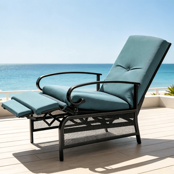 SOLAURA Outdoor Patio Lounge Chair, Adjustable Recliner with Retractable Metal Frame and Removable Thick Blue Cushions
