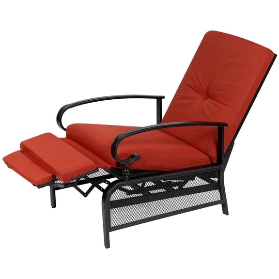SOLAURA Outdoor Patio Lounge Chair, Adjustable Recliner with Retractable Metal Frame and Removable Thick Red Cushions