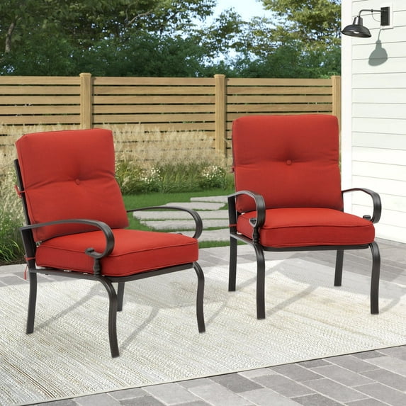 SOLAURA Patio Outdoor Metal Dining Chairs Set of 2 with Red Cushions