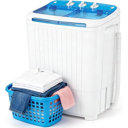 SOLAURA Portable Washing Machine 16lbs, Twin Tub Semi-Automatic Washer, Mini Laundry Combo with Longer Hose & Pump for Dorms, Apartments, RV, White & Blue