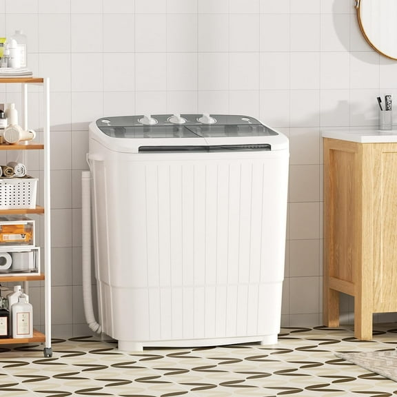 SOLAURA Portable Washing Machine 16lbs, Twin Tub Semi-Automatic Washer, Mini Laundry Combo with Longer Hose & Pump for Dorms, Apartments, RV, White & Grey