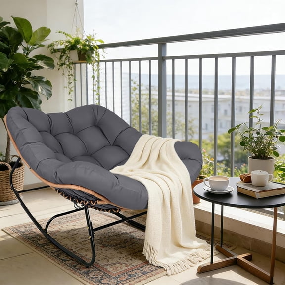 SOLAURA Rocking Egg Chair with Cushion, Indoor & Outdoor Oversized 450 LBS Capacity Papasan Egg Chair, Wicker Lounge Rocker Chair for Bedroom Living Room Garden Porch Backyard, Dark Gray