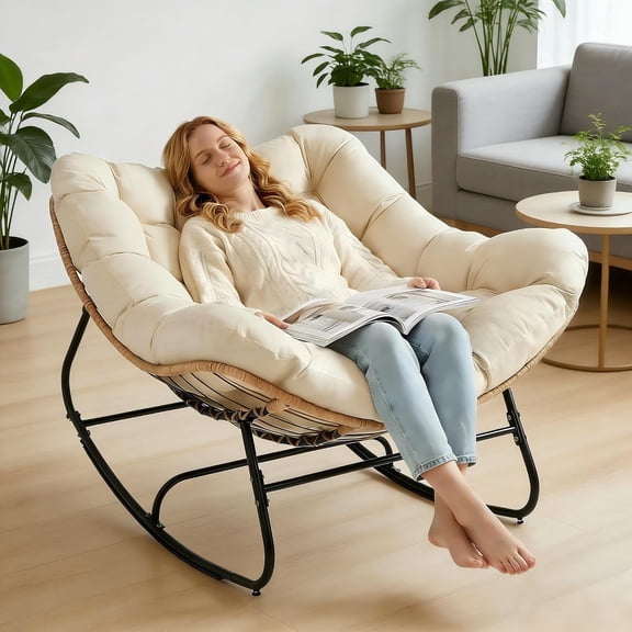 SOLAURA Rocking Egg Chair with Cushion, Indoor & Outdoor Oversized 450 LBS Capacity Papasan Egg Chair, Wicker Lounge Rocker Chair for Bedroom Living Room Garden Porch Backyard, Beige