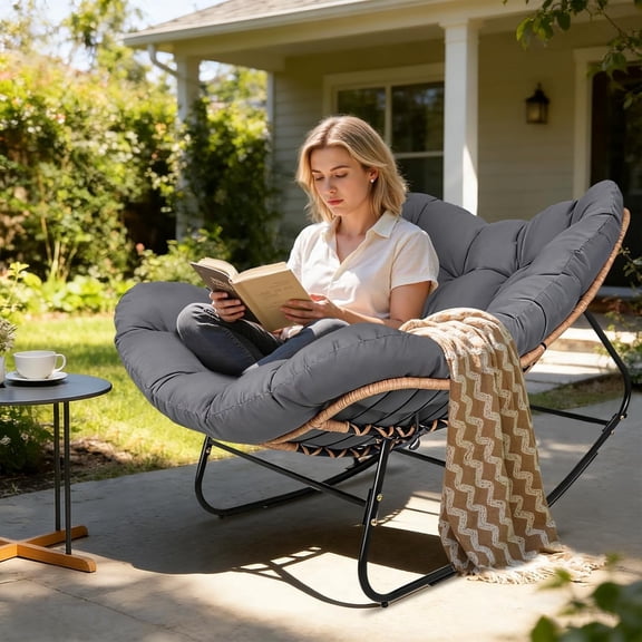 SOLAURA Rocking Egg Chair with Cushion, Indoor & Outdoor Oversized 450 LBS Capacity Papasan Egg Chair, Wicker Lounge Rocker Chair for Bedroom Living Room Garden Porch Backyard, Dark Gray