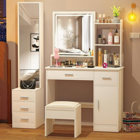 SOLAURA White Makeup Vanity Desk Set with Full-Length Mirror and Lights, Vanity Table Set with 3 Color Lighted Mirror, Dressing Table with Drawers and Storage Shelves for Women and Girls' Bedroom