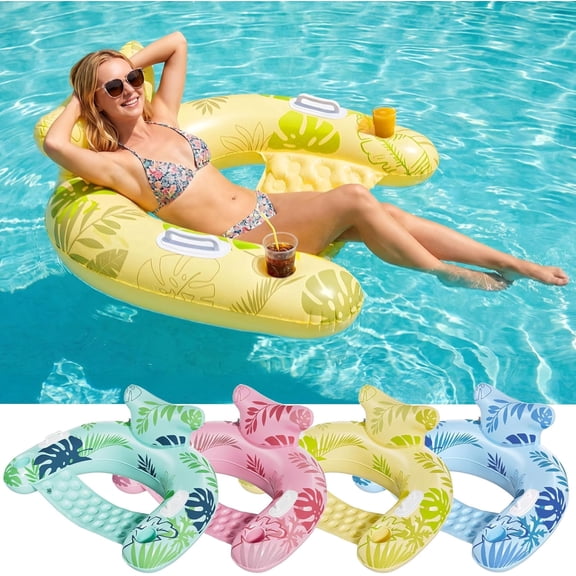 SOLAVERO Inflatable Pool Floats Adult, Inflatable Pool Floating Lounge Chair with Cup Holders, Handles & Ergonomic Headrest for Swimming Pool