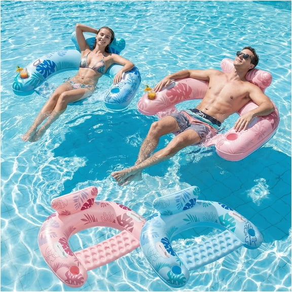SOLAVERO Inflatable Pool Floats Adult, Inflatable Pool Floating Lounge Chair with Cup Holders, Handles & Ergonomic Headrest for Swimming Pool