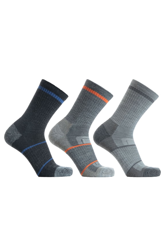 Men's 72% Merino Wool Hiking Socks Outdoor Trail Trekking Cushioned Breathable Crew Socks 3 Pairs (LG Asst136)