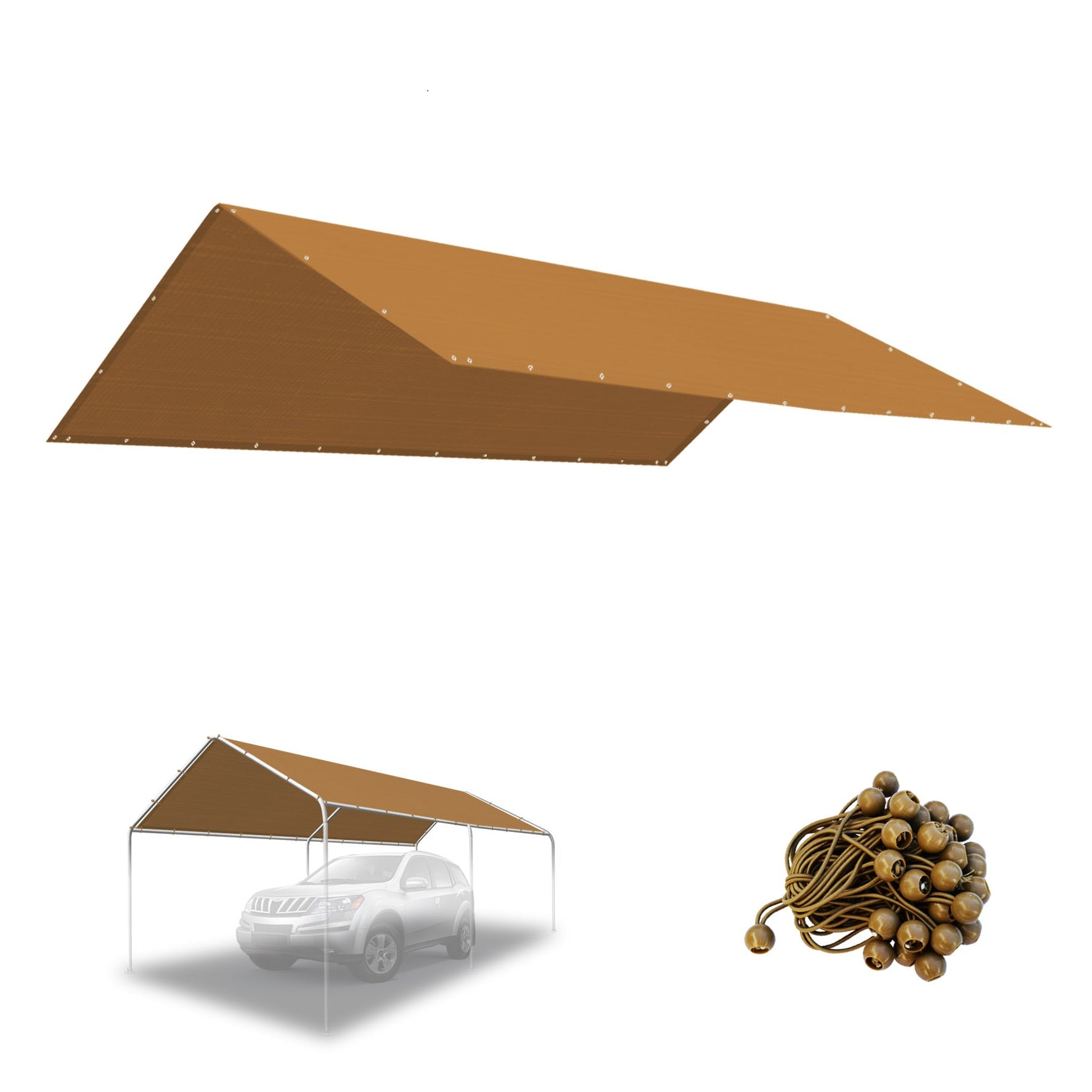 SOLAXO 10x20 FT Carport Tent Top Garage COVER ONLY Waterproof Replacement Canopy w Bungee, without edge (Tan)