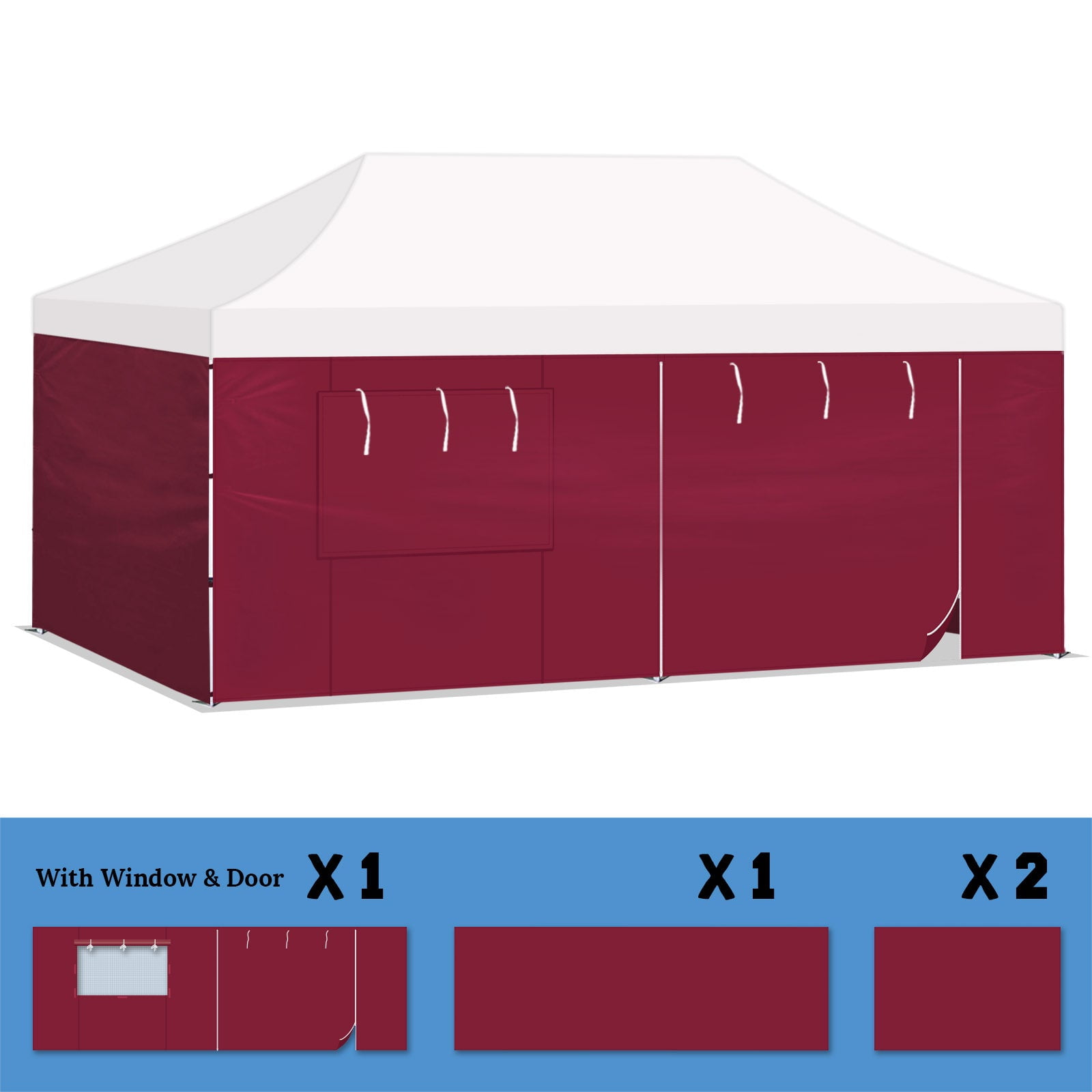 SOLAXO 19.7'x6.54' Canopy Sidewall ONLY for 10'x20' Pop Up Canopy Party Tent with Zipper Door, 4 Pack, Burgundy