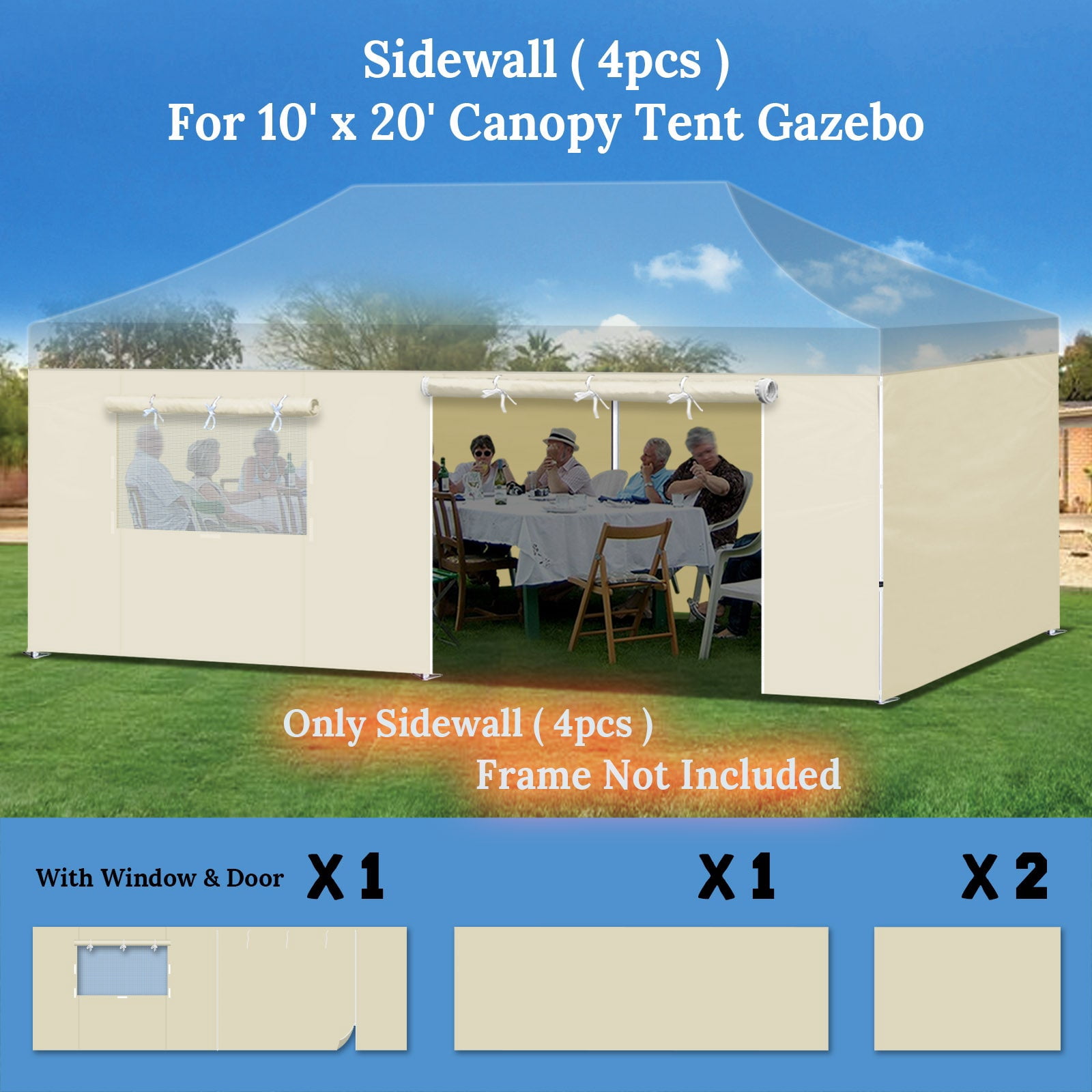 SOLAXO 19.7'x6.54' Canopy Sidewall ONLY for 10'x20' Pop Up Canopy Party Tent with Zipper Door, 4 Pack, Ecru