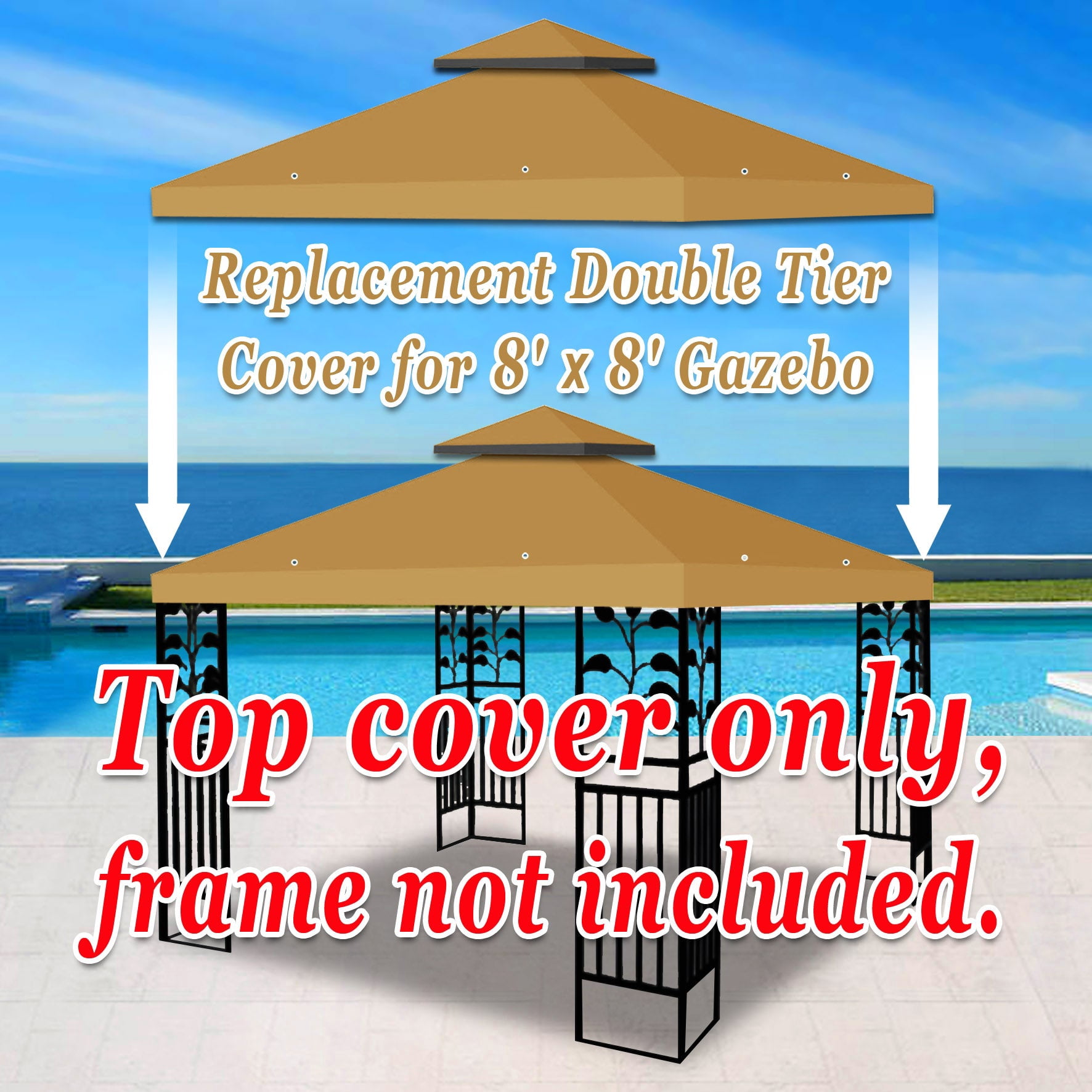 SOLAXO 8'X8' Replacement Canopy Top 2-Tier Gazebo Sunshade Replacement Top Cover Patio Pavilion (Tan)