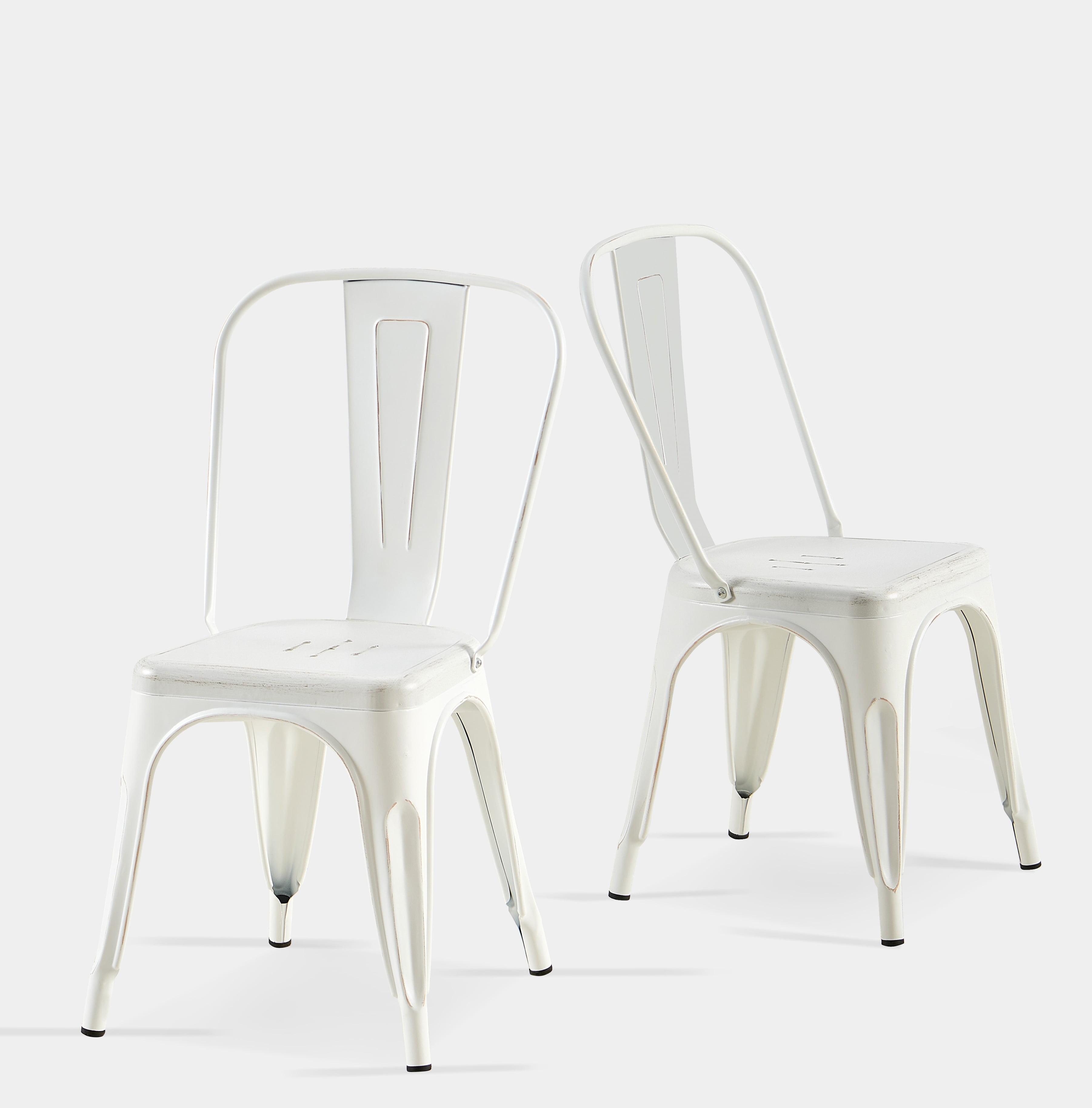Distressed White Stackable Industrial Metal Dining Chairs Set of 2