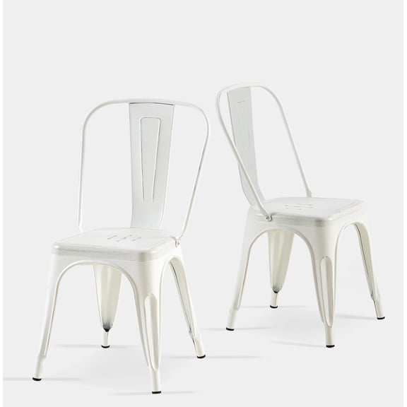 SOLEGGIATA Metal Dining Chairs Set of 2 Iron Industrial Stackable Bistro Cafe Kitchen Indoor Outdoor Distressed White