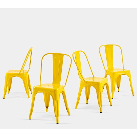 SOLEGGIATA Yellow Metal Dining Chairs Set of 4 Industrial Stackable Chairs Suitable for Indoor Outdoor Dining Room Kitchen Restaurant Cafe Daisy Yellow