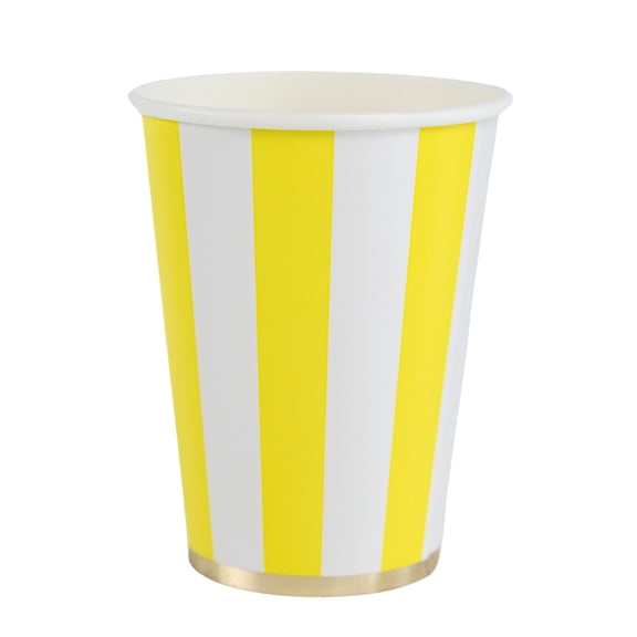 Bonjour Fte Yellow Stripe Paper Party Cups, Disposable Party Supplies, 8 Count, 12 Oz, Birthday, Summer, Pool Party
