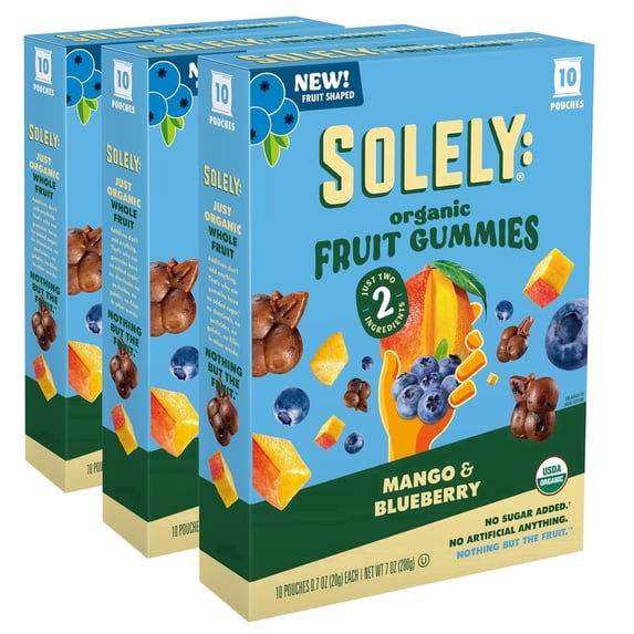 SOLELY Organic Mango & Blueberry Whole Fruit Gummies (pack of 3 Boxes, 10 Bags per Box), Healthy Chewy Snacks for All, Vegan Snacks, 30 Bags