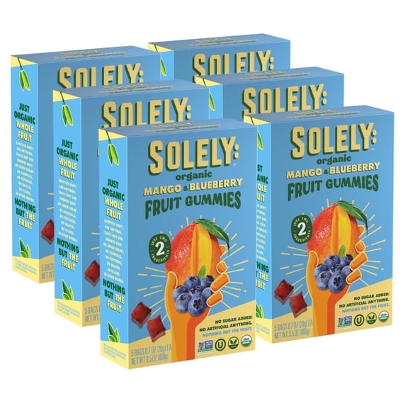 SOLELY Organic Mango & Blueberry Whole Fruit Gummies (pack of 6 Boxes, 5 Bags per Box), Healthy Chewy Snacks for All, Vegan Snacks, 30 Bags