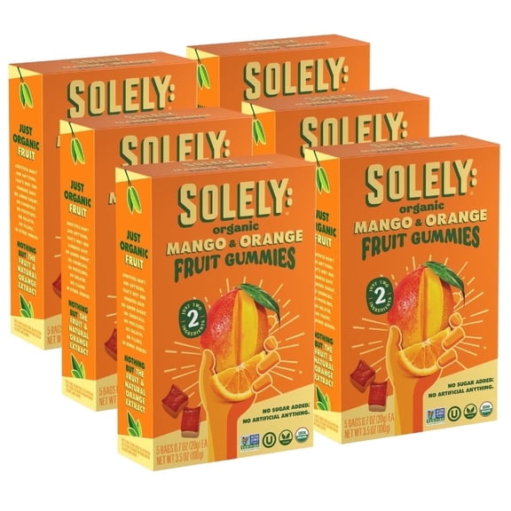 SOLELY Organic Mango & Orange Whole Fruit Gummies (pack of 6 Boxes, 5 Bags per Box), Healthy Chewy Snacks for All, Vegan Snacks, 30 Bags