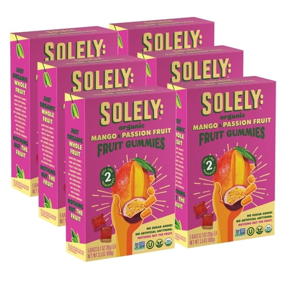 SOLELY Organic Mango & Passion Fruit Whole Fruit Gummies (pack of 6 Boxes, 5 Bags per Box), Healthy Chewy Snacks for All, Vegan Snacks, 30 Bags