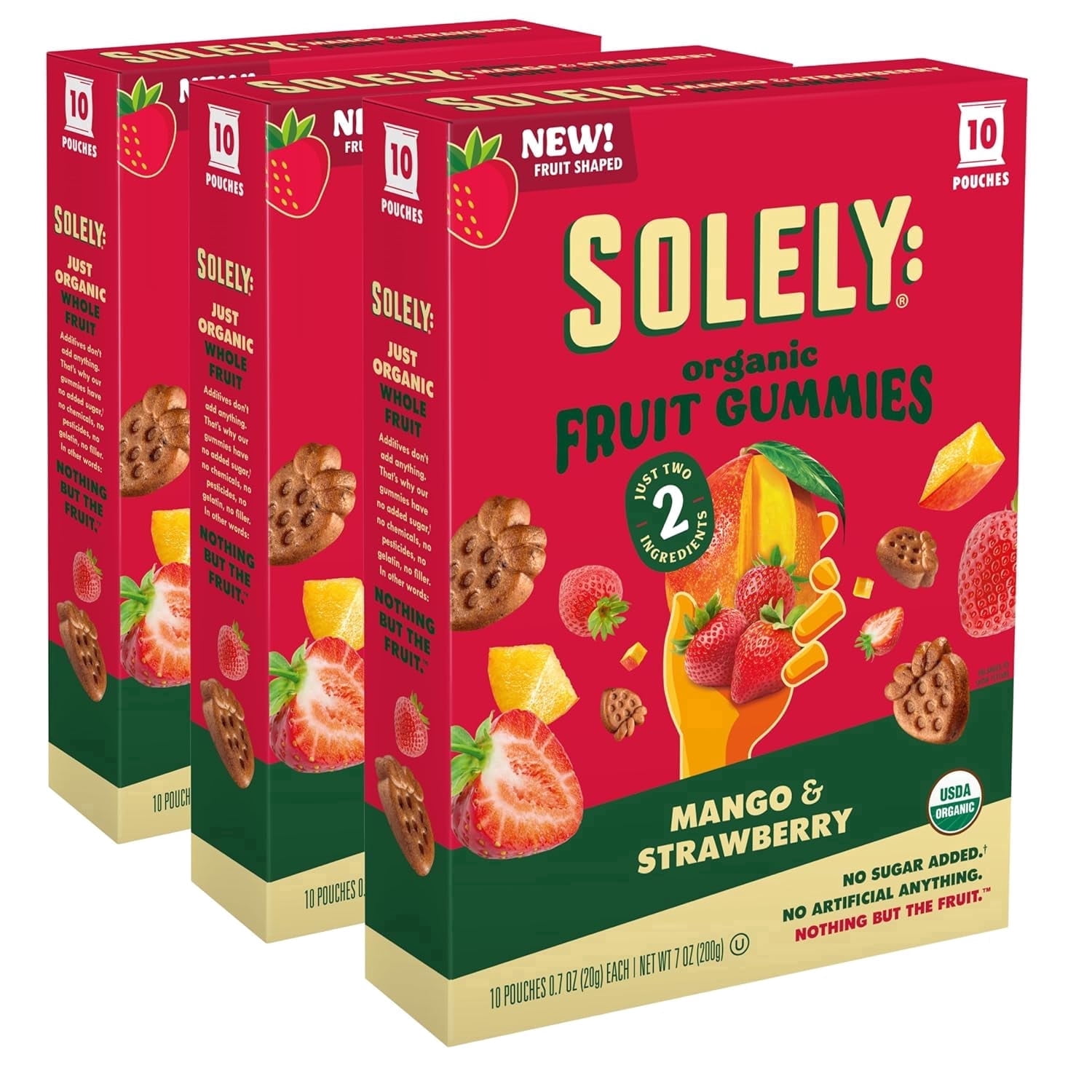 SOLELY Organic Mango & Strawberry Whole Fruit Gummies (Pack of 3, 10 Bags per Box), Real Fresh Fruit, Healthy Snacks for All, Vegan, 30 Bags
