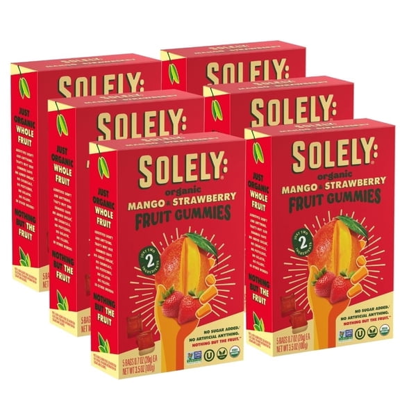 SOLELY Organic Mango & Strawberry Whole Fruit Gummies (Pack of 6, 5 Bags per Box), Real Fresh Fruit, Healthy Snacks for All, Vegan, 30 Bags