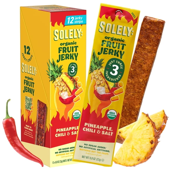 SOLELY - Organic Spicy Pineapple Chili and Salt Fruit Jerky - 12 Individually Wrapped Strips - Fruit Leather Made from Dried Fruit - Healthy Snacks for Adults & Kids - Vegan Snacks - 0.8oz (23g)
