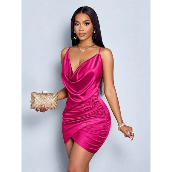 SOLERSUN Elegant Solid Color Draped Collar Backless Ruched Satin Party Bodycon Short Dress