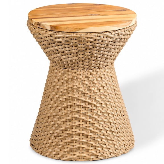 SOLHOME 14.2" x 14.2" x 18.1" H Resin Wicker & Acacia Top Storage Bistro Table, Light Brown