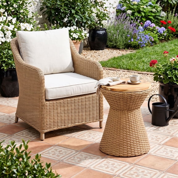 SOLHOME 14.2" Polyrattan Stool with Wood Lid, Natural Resin Wicker Accent Table Indoor Outdoor Side Table with Steel Frame