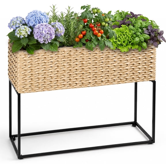 SOLHOME 29.9" x 10.6" x 22"H Resin Wicker Planter Box with Stand & 3 Removable Inserts, Front Porch, Entryway, Patio – Flowers, Herbs, Faux Plants