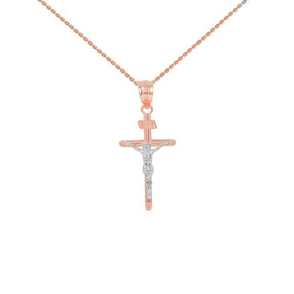 SOLID ROSE GOLD AND WHITE GOLD INRI CROSS PENDANT NECKLACE ( 1.18" : 10K Pendant with 22" chain