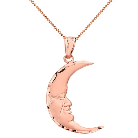 SOLID ROSE GOLD DIAMOND CUT CRESCENT MOON FACE PENDANT NECKLACE : 10K Pendant with 20" chain