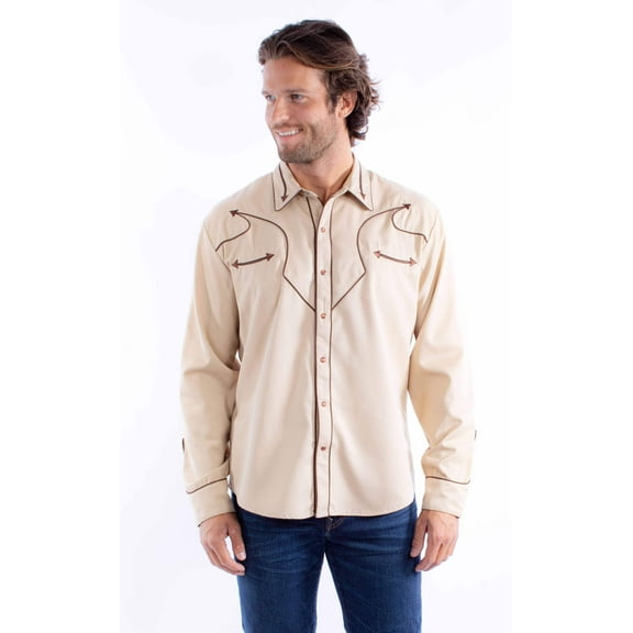 Scully P-920-TAN-S Mens Vintage Piping Poly & Rayon Long Sleeve Shirt, Tan - Small
