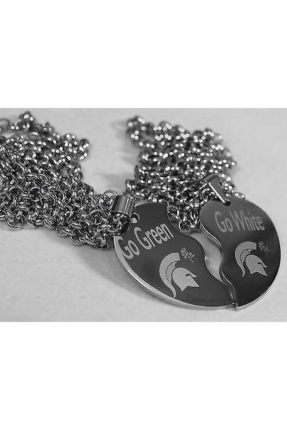 SOLID STAINLESS MICHIGAN STATE ROSE BOWL GO GREEN GO WHITE SPLIT HEART NECKLACE