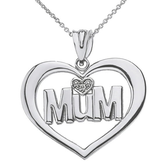 SOLID WHITE GOLD HEART OUTLINE RHODIUM HEART DIAMOND MUM PENDANT NECKLACE : 14K Pendant with 16" chain