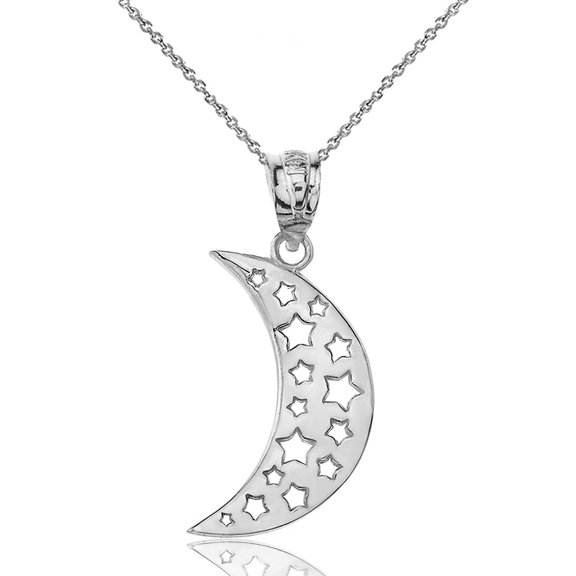 SOLID WHITE GOLD MOON CRESCENT AND STARS PENDANT NECKLACE