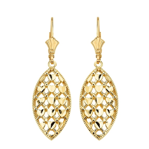 SOLID YELLOW GOLD DOUBLE LAYERED WOVEN HEARTS FILIGREE MARQUISE SHAPE DROP EARRING SET - 10K