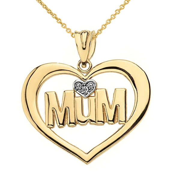 SOLID YELLOW GOLD HEART OUTLINE RHODIUM HEART DIAMOND MUM PENDANT NECKLACE : 14K Pendant with 16" chain