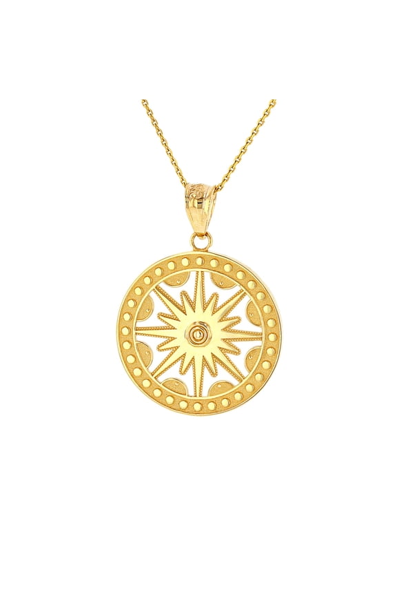 SOLID YELLOW GOLD TEXTURED MEDALLION OPENWORK FLAMING SUN PENDANT NECKLACE : 10K Pendant with 18" chain
